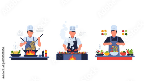 Culinary Symphony: A set of chef illustration in diverse cooking, a dynamic set showcasing culinary expertise.