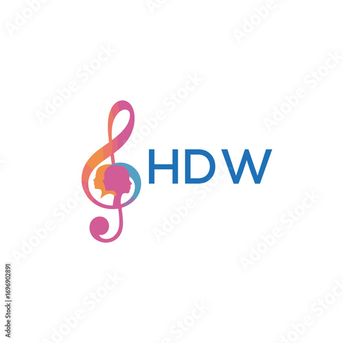 HDW  “Colorful music logo with human faces and treble clef design” HDW  Later Logo, “Creative music academy logo with silhouette heads and notes” 
