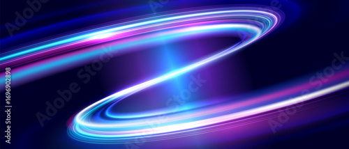 Modern high speed movement, technology concept. Fast moving light streams. Abstract neon light trails, Dynamic swirling light effects, Glowing light arcs. Creative design element.