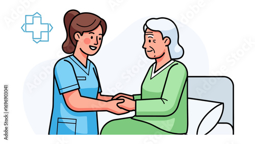 Compassionate Care: A health worker gently holds the hands of an elderly individual, creating a heartwarming scene of care and empathy.