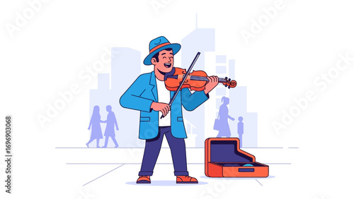 Melody of the City: A cheerful street musician plays the violin on a bustling city street, accompanied by a humble case, serenading passersby with his music.