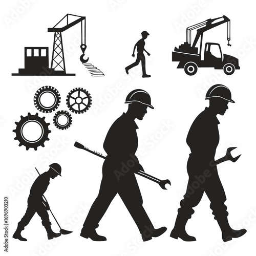 Construction Workers and Heavy Machinery Silhouettes on White Background crane