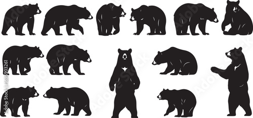 Collection of black bear silhouettes in various poses and actions