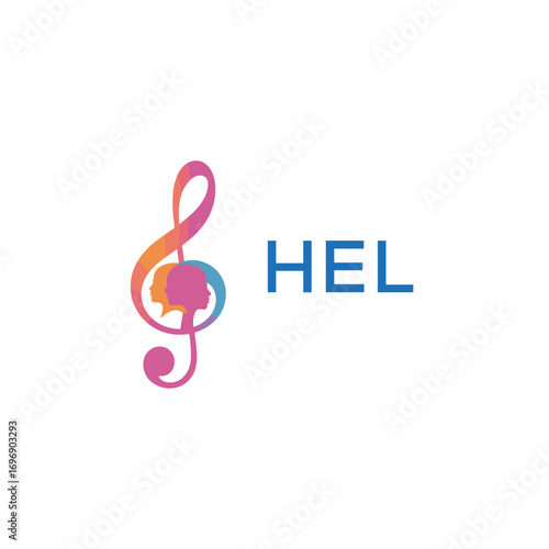 HEL  “Colorful music logo with human faces and treble clef design” HEL  Later Logo, “Creative music academy logo with silhouette heads and notes” 
