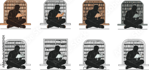 Man sitting cross-legged reading book near bookshelf, multiple styles, education, learning, knowledge, library, study, literacy, quiet reading