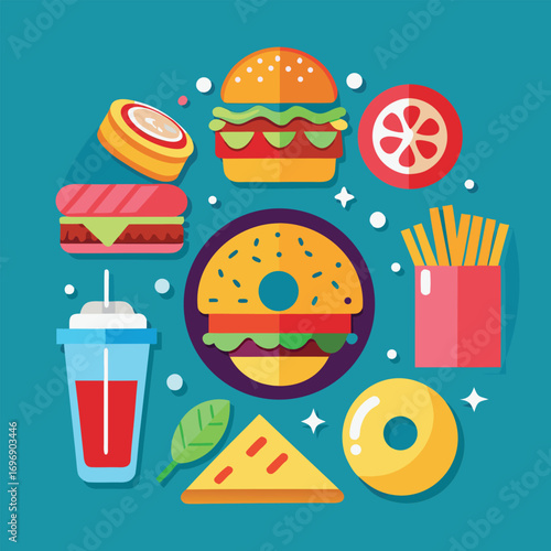 Colorful Flat Design Fast Food Iconography Collection A Vibrant and Appealing Illustration of Popular Food Items in a Stylish Composition