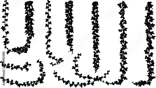 Set of dense ivy vine silhouette designs, hanging foliage elements, botanical black leaves vector art, natural climbing plant illustrations