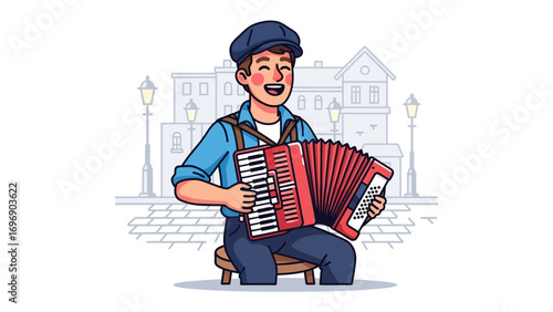 Joyful Accordionist: A smiling musician, dressed in traditional attire, plays an accordion on a charming street, embodying the spirit of music and street performance.