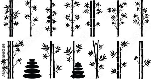 Silhouette bamboo stalks with leaves, stacked zen stones, natural elements, tropical plants, peaceful nature scene, minimalist design, spa relaxation concept