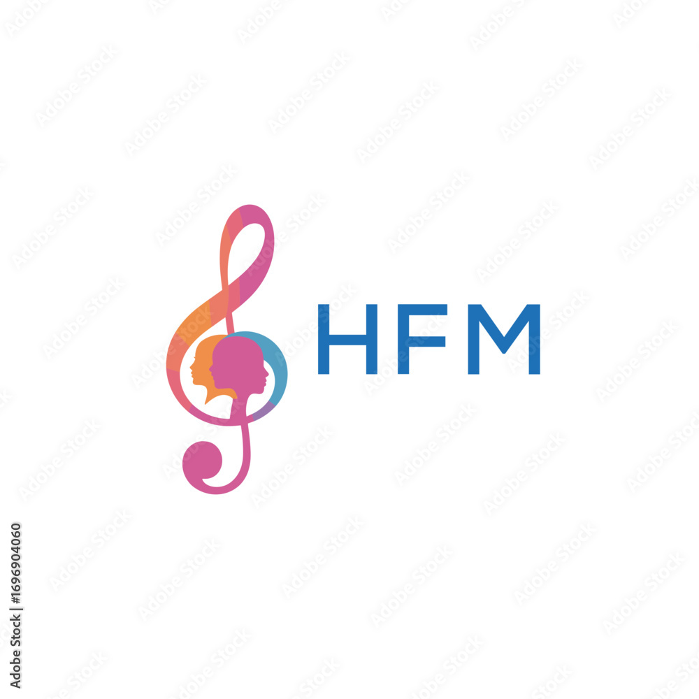 Naklejka premium HFM “Colorful music logo with human faces and treble clef design” HFM Later Logo, “Creative music academy logo with silhouette heads and notes” 