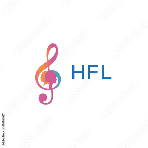 HFL  “Colorful music logo with human faces and treble clef design” HFL  Later Logo, “Creative music academy logo with silhouette heads and notes” 
