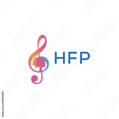 HFP  “Colorful music logo with human faces and treble clef design” HFP  Later Logo, “Creative music academy logo with silhouette heads and notes” 
