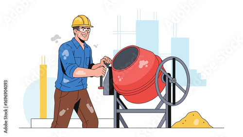 Construction Worker Using Cement Mixer: A diligent construction worker, clad in a hard hat and safety glasses, expertly operates a cement mixer.