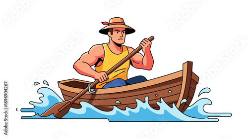Rowing Towards the Horizon: A strong man rows a wooden boat on water, navigating towards the horizon, emphasizing perseverance, exploration and adventure.