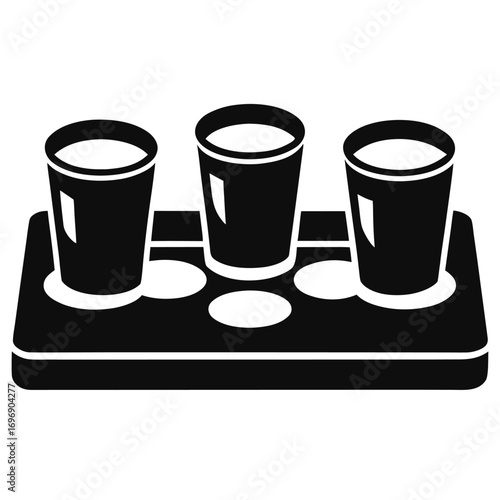 Neat Black and White Tray with Three Shot Glasses Full of an Unknown Liquid for Serving Drinks or Liquor