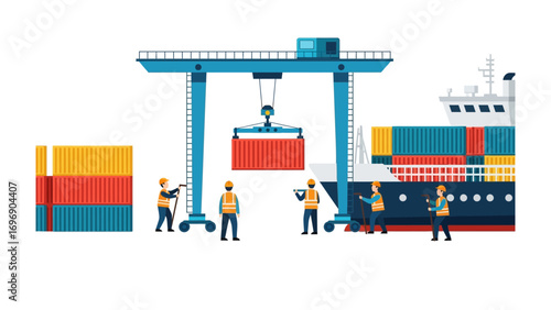 Global Logistics in Action: A dynamic illustration showcasing the efficient loading and transport of cargo containers by dockworkers. The image highlights the movement of shipping container.