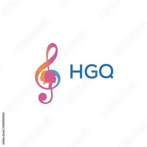 HGQ  “Colorful music logo with human faces and treble clef design” HGQ  Later Logo, “Creative music academy logo with silhouette heads and notes” 
