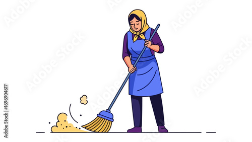 Sweeping Task: An illustrated scene of a woman in traditional attire meticulously sweeping with a broom. Capturing the essence of routine and the value of maintaining a clean environment.