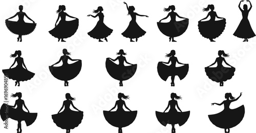 Silhouette of dancing women in various skirt poses, vector illustration for dance, fashion, graphic design, clipart, SVG, and decoration.