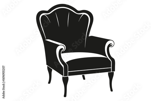 Elegant Black Armchair Silhouette with Curled Armrests and Carved Detailing Illustration