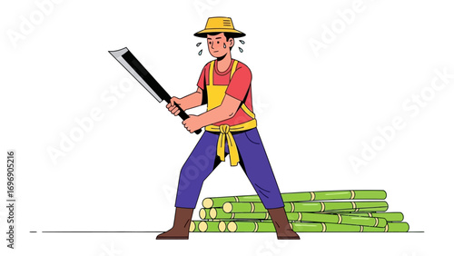 Tired Harvest: A farmer in a straw hat and work clothes wielding a machete, the sweat of labor glinting on his brow. He stands ready to harvest, stacks of sugarcane beside him