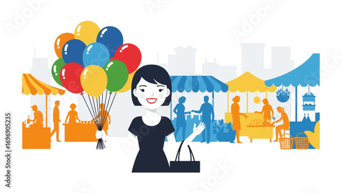 Joyful Wanderer: A vibrant illustration of a woman immersed in the lively atmosphere of a bustling street market, balloons in hand, and a shopping bag on her arm, the perfect snapshot of carefree.