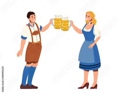 Smiling man and woman clinking beer mugs dressed in Bavarian dirndl and lederhosen. Flat style ideal for Oktoberfest promotions, event posters, and web banners
