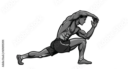 Athletic man performing lunge stretch in dynamic black and white style
