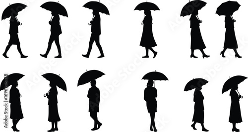 Silhouette of people walking and standing with umbrella, black vector figures for rainy season, weather clipart, design, and SVG illustration.
