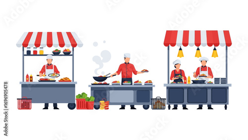 Street Food Fiesta: A vibrant illustration of food vendors and street food carts, capturing the lively atmosphere of a culinary gathering.