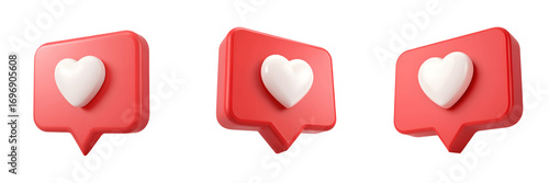 Three red like notification icons isolated on transparent background