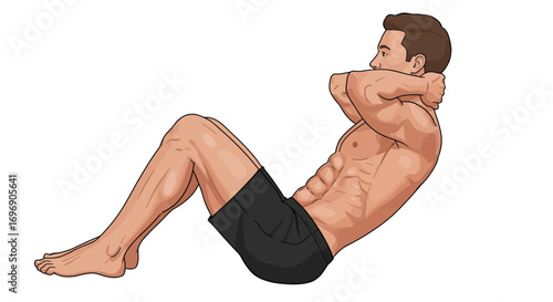 Fitness enthusiast doing abdominal crunches workout in detailed cartoon style