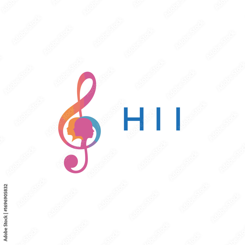 Fototapeta premium HII “Colorful music logo with human faces and treble clef design” HII Later Logo, “Creative music academy logo with silhouette heads and notes” 