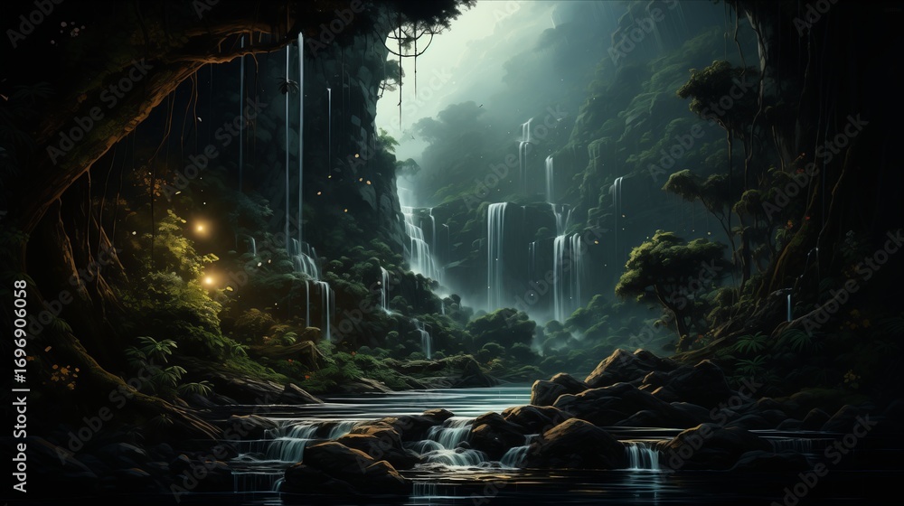 Obraz premium A serene waterfall flowing through a lush forest, illuminated by soft light and showcasing nature's beauty.