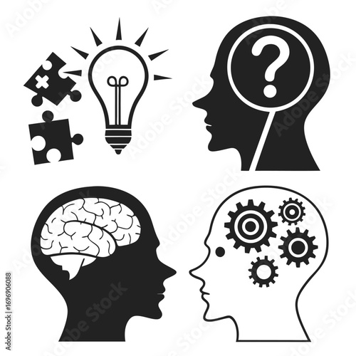 Human Brain And Lightbulb Idea Puzzle Gears And Question Mark Icons thinking