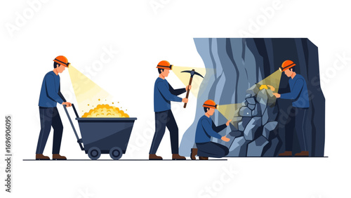 Miners in a mine: A group of workers meticulously excavate a mountain, extracting valuable gold nuggets. Highlighting dedication and labor in the mining industry.