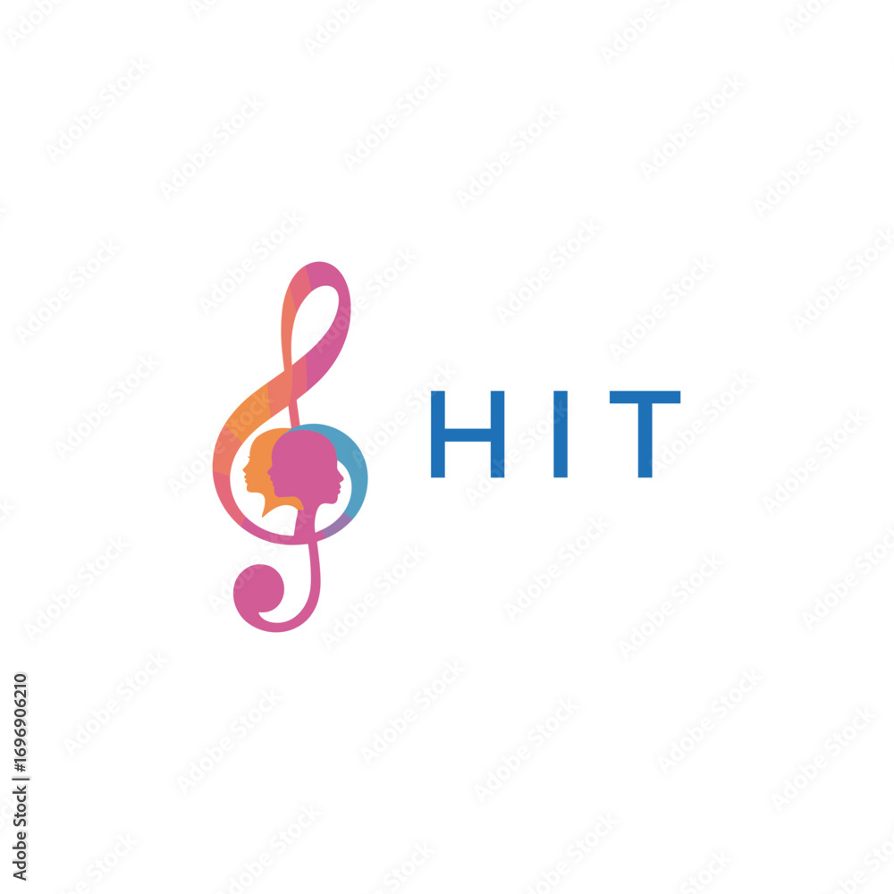 Naklejka premium HIT “Colorful music logo with human faces and treble clef design” HIT Later Logo, “Creative music academy logo with silhouette heads and notes” 
