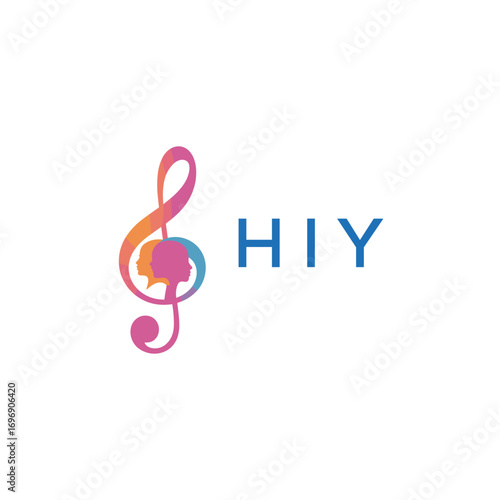 HIY “Colorful music logo with human faces and treble clef design” HIY Later Logo, “Creative music academy logo with silhouette heads and notes” 
