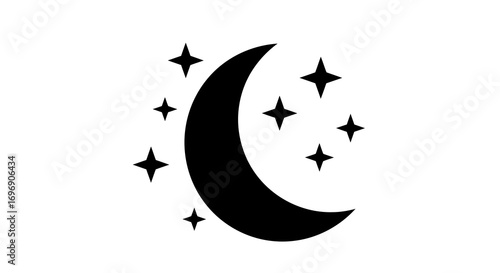 Silhouette of crescent moon with stars on white background
