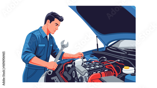 Mechanic Inspecting a Car Engine: A skilled mechanic diligently examines the engine of a car, his focused gaze reflecting the intricate workings and systems of the vehicle under the hood.