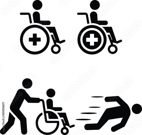 Accessible icons set depicting wheelchair users and mobility assistance scenarios