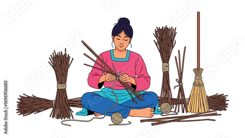 Artisan Crafting Broom: A serene artisan engrossed in the age-old craft of broom making. In this image, she meticulously weaves twigs.