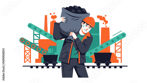 Struggling Coal Miner: An illustration depicts a weary coal miner bearing a heavy bag of coal with an industrial backdrop. Highlighting the challenges of manual labor and the mining industry