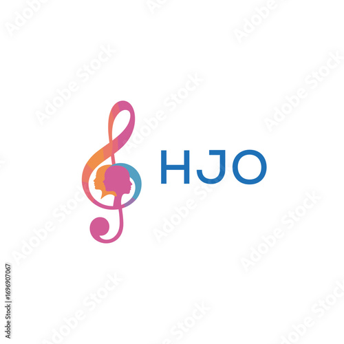 HJO “Colorful music logo with human faces and treble clef design” HJO Later Logo, “Creative music academy logo with silhouette heads and notes” 
