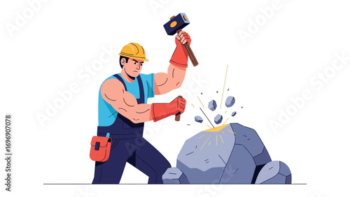 Craftsman with Hammer: An illustration of a craftsman in action, meticulously shaping and breaking a large stone using a hammer and chisel. A symbol of skill, dedication, and transformation