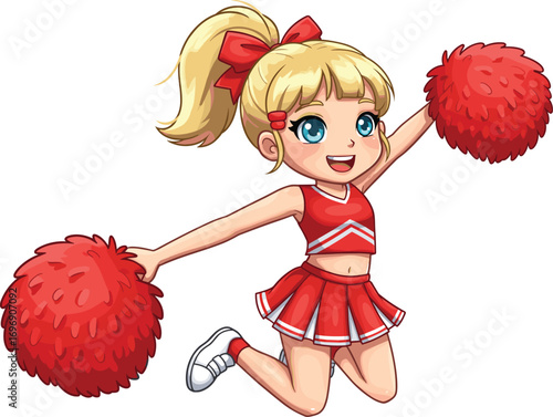 PrintCute blonde cheerleader girl jumping with red pom poms in cartoon style, wearing red uniform, isolated on white background.