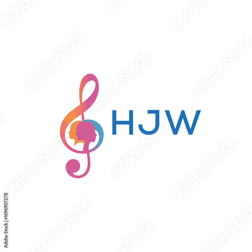 HJW “Colorful music logo with human faces and treble clef design” HJW Later Logo, “Creative music academy logo with silhouette heads and notes” 
