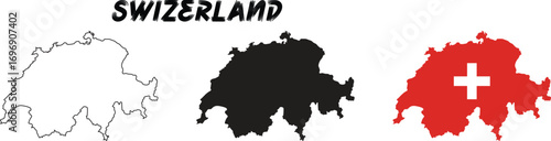 Switzerland map silhouette set with outline, solid black, and red flag version. Swiss country vector design for travel, education, and geography. Editable national map illustration.