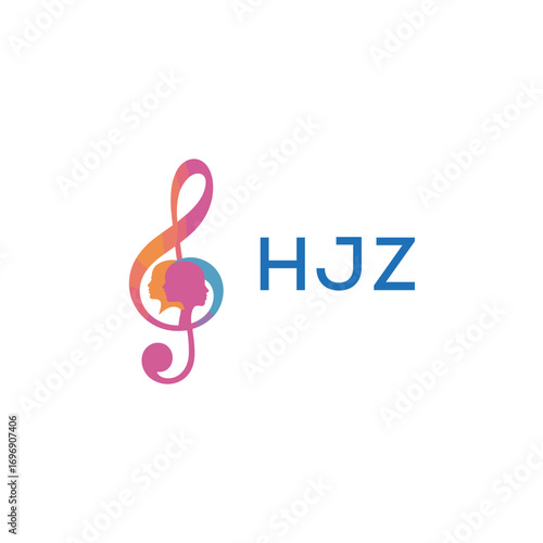 HJZ “Colorful music logo with human faces and treble clef design” HJZ Later Logo, “Creative music academy logo with silhouette heads and notes” 
