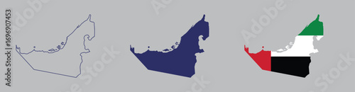 UAE map vector with outline, solid fill, and national flag colors. United Arab Emirates country silhouette for design, education, and travel projects. High quality editable illustration.